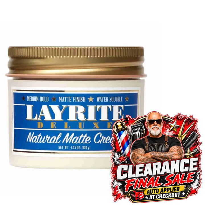 A jar of LAYRITE Deluxe Natural Matte Cream with a gold lid and blue label, shown on a white background with a 'Clearance Final Sale' promotional sticker overlay.