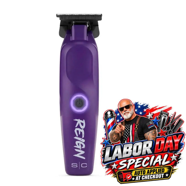 A purple and black Reign SC electric hair clipper shown on a white background, with a colorful 'Labor Day Special' promotional badge overlaid on the bottom right.
