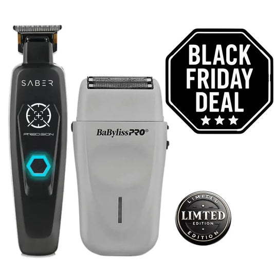 stylecraft saber Precision trimmer and FX3 shaver Two grooming tools, a black and gray BaBylissPro model, with 'Black Friday Deal' and 'Limited Edition' labels on a white background.