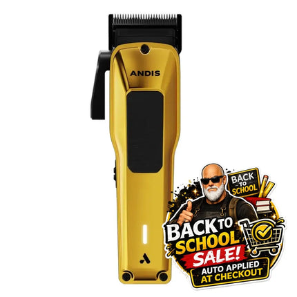 A gold and black ANDIS cordless hair clipper shown on a plain white background, with a large 'Back to School Sale!' promotional sticker overlaid in the lower right corner.
