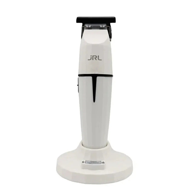 “Charging dock and JRL GHOST Cordless Hair Trimmer set, highlighting its sleek white design”
