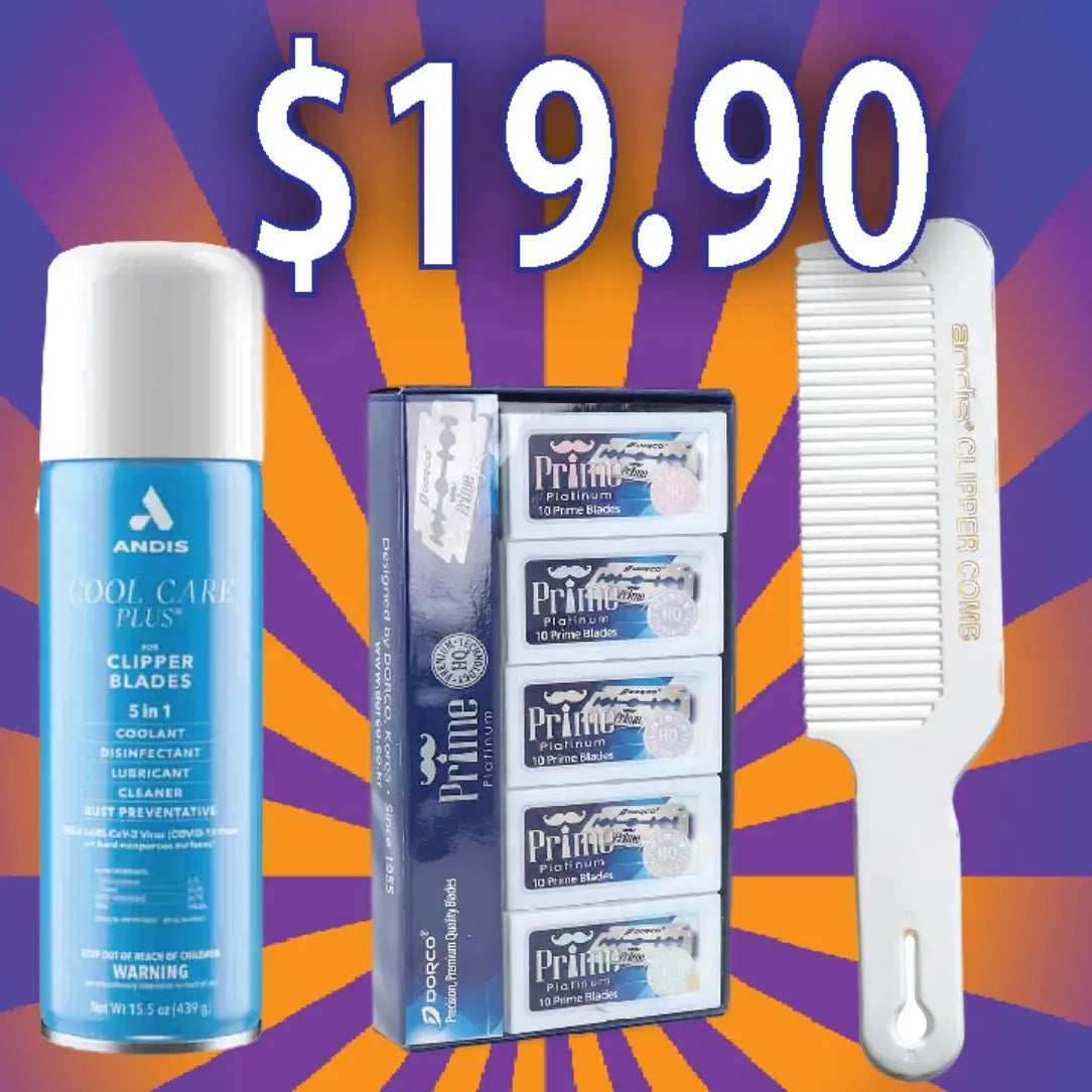 Andis cool care plus product with clipper blades and a comb on a colorful background