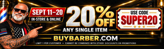 A promotional banner for BuyBarber featuring a split image of a bearded man with sunglasses on the left and a black background on the right with large text reading '20% OFF ANY SINGLE ITEM', 'USE CODE SUPER20', and 'BUYBARBER' at the bottom.
