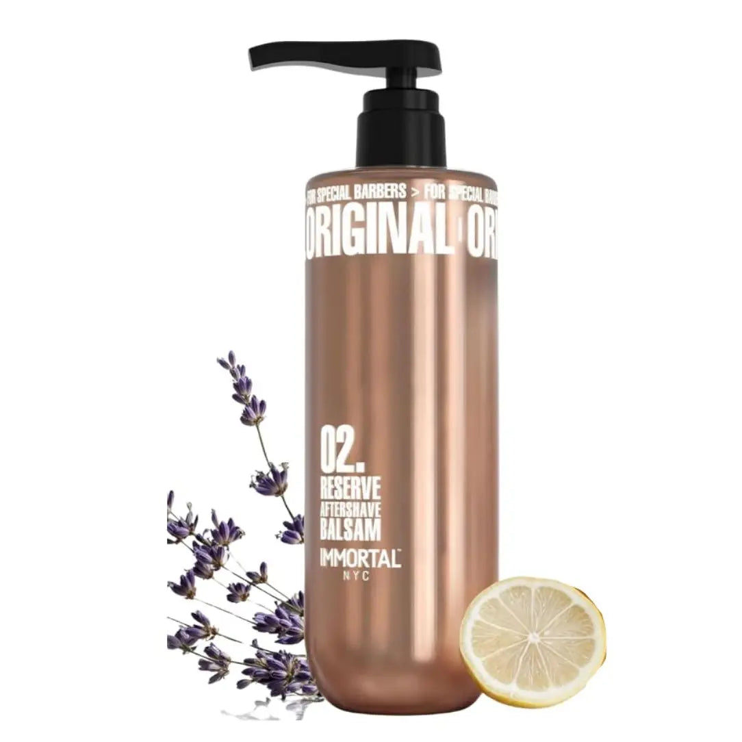 Bottle of Immortal NYC Reserve Alternative Balsam with lavender and lemon on a white background
