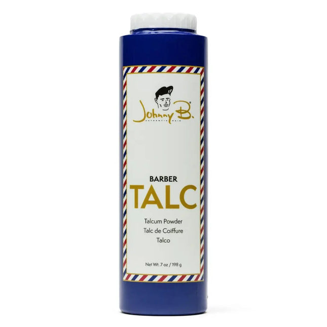 Bottle of Johnny B. Barber Talcum Powder with blue and white design on a white background