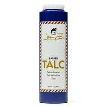 Bottle of Johnny B. Barber Talcum Powder with blue and white design on a white background