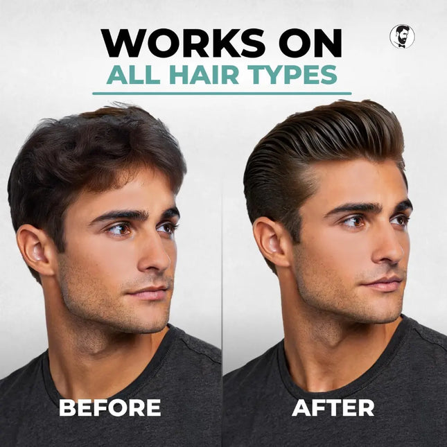 Gentlemen Republic Before and after comparison of a man's hairstyle with text 'Works on all hair types'.