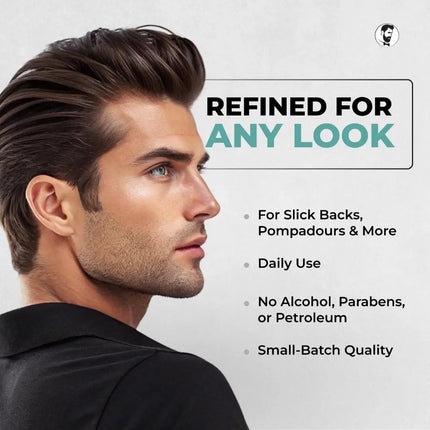 Gentlemen Republic Man with styled hair with text about product features on a light gray background