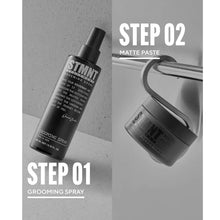 STMNT Grooming spray bottle and STMNT  matte paste jar with text labels on a gray background