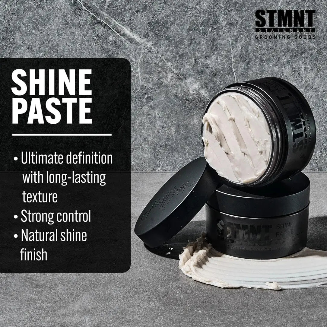 Shine paste container with text on a gray background, featuring the brand 'STMNT'.