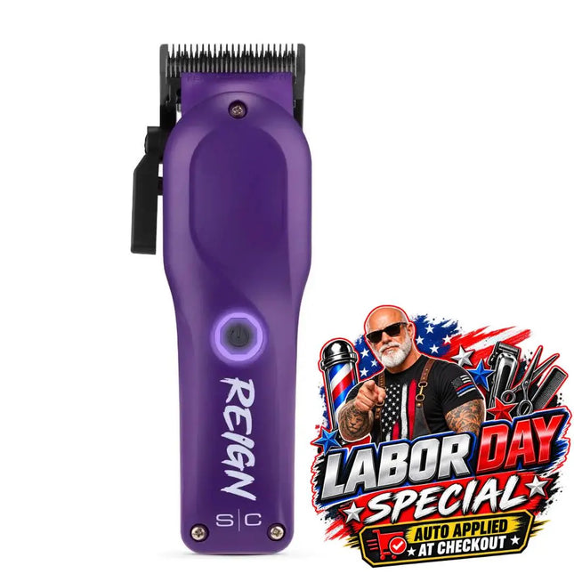 A purple Regn clipper with black blades and a black clip, shown on a white background next to a Labor Day Special promotional graphic.