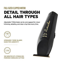 Black hair clipper with ' Wahl' branding on a white background, featuring text about its features.