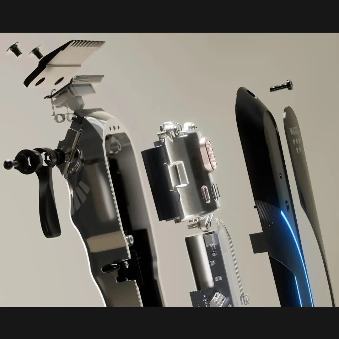 Close-up of Wahl Senior 2.0 Clipper Cordless/Corded with various components on a neutral background