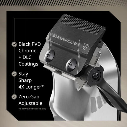Wahl Senior 2.0 Clipper Cordless/Corded  clipper blade with features listed on a black background