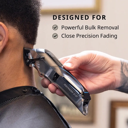 Person using a Wahl Senior 2.0 Clipper Cordless/Corded on their neck with text highlighting features.