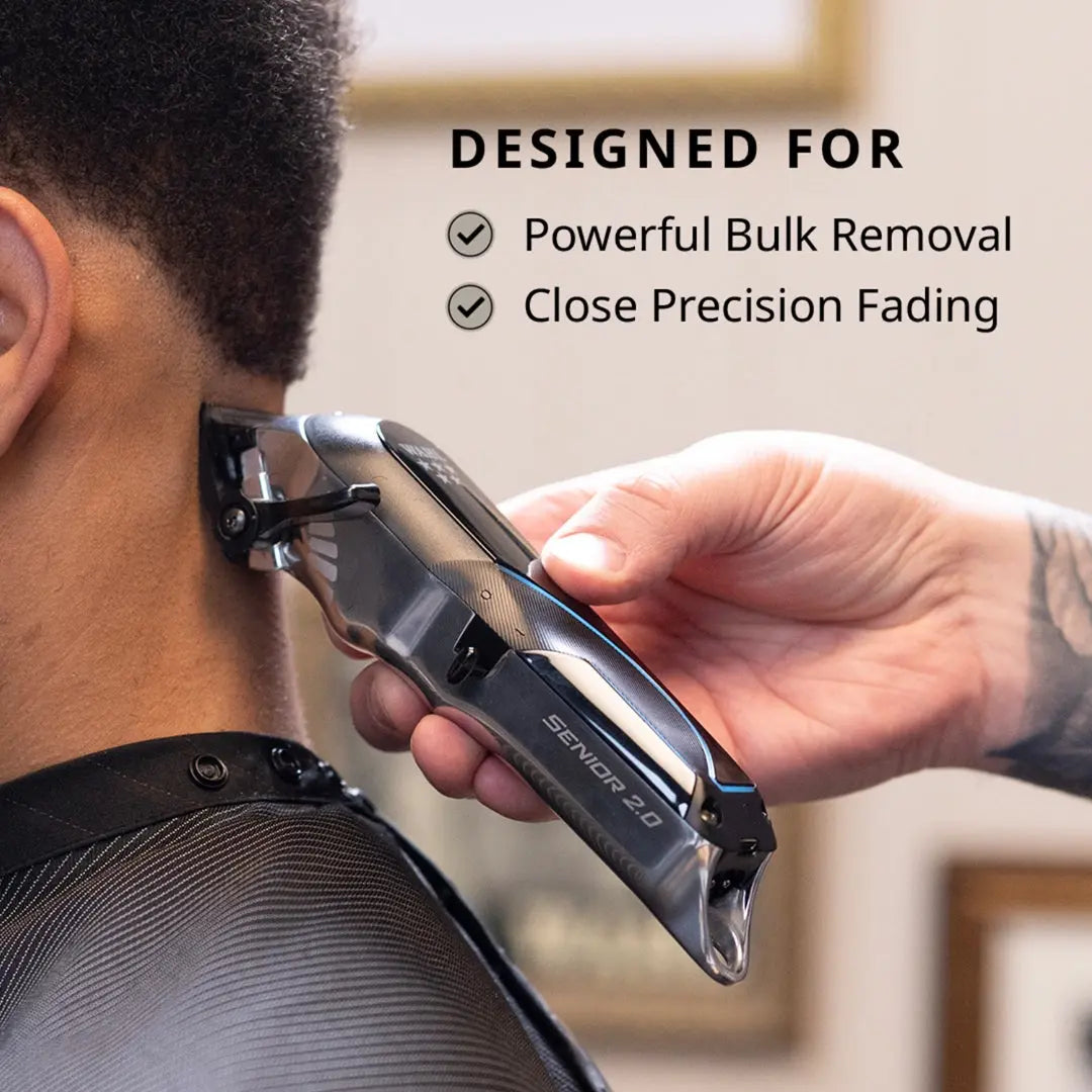 Person using a Wahl Senior 2.0 Clipper Cordless/Corded on their neck with text highlighting features.
