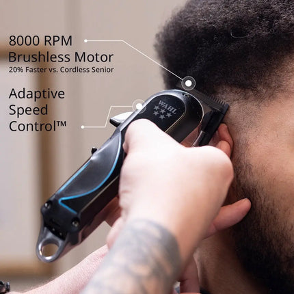 Person using a Wahl Senior 2.0 Clipper Cordless/Corded on their head with text highlighting features.