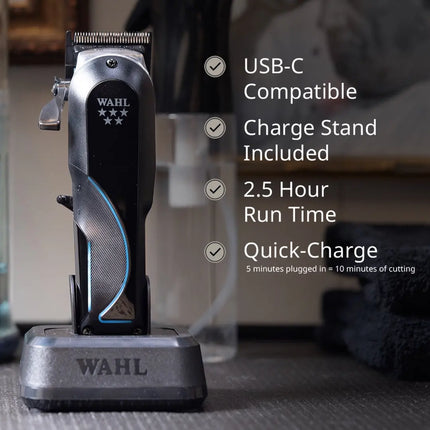 Wahl Senior 2.0 Clipper Cordless/Cordedwith USB-C compatibility and charging stand on a blurred background