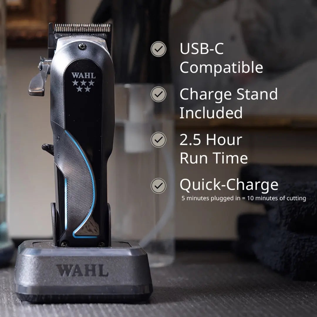 Wahl Senior 2.0 Clipper Cordless/Cordedwith USB-C compatibility and charging stand on a blurred background