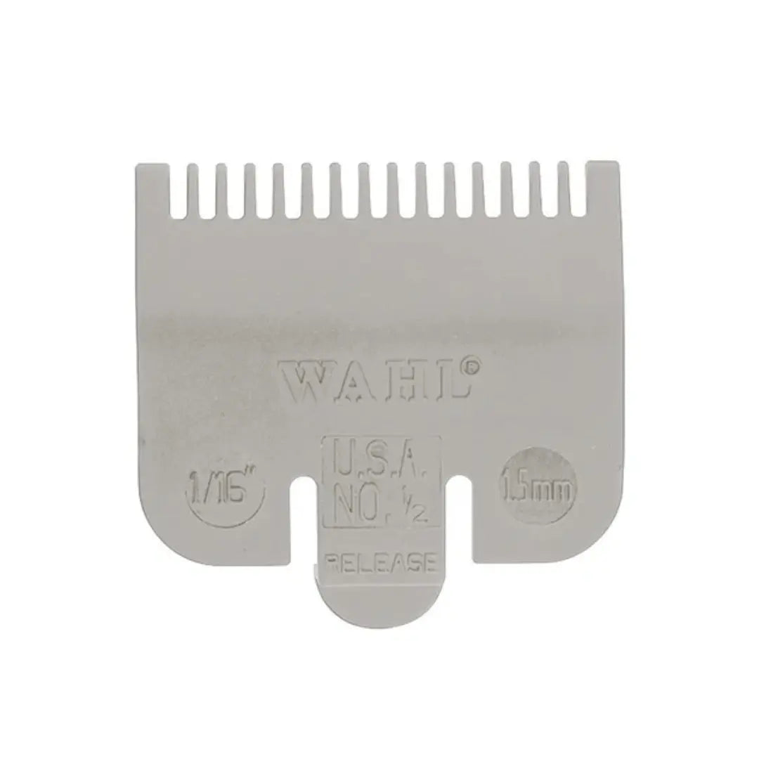 “Wahl light-gray 1/16 inch (#0.5) clipper guard on white background.”

