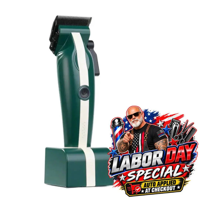 A dark green cordless clipper with a white vertical stripe and a matching charging stand on a white background, with a Labor Day Special promotional graphic overlay on the bottom right.