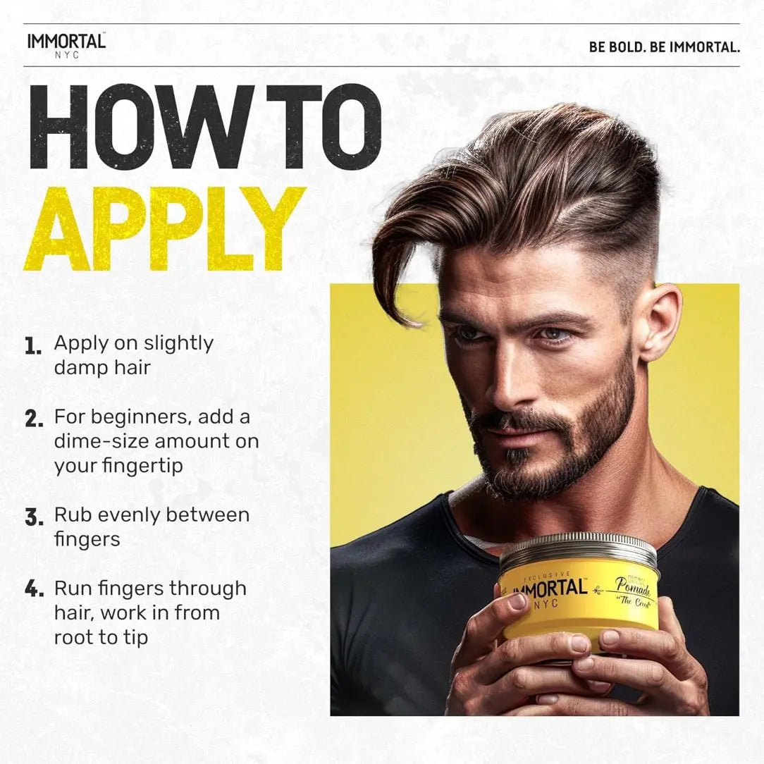 Advertisement for a hair product with a man holding a jar and application instructions.