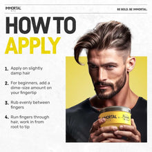 Advertisement for a hair product with a man holding a jar and application instructions.