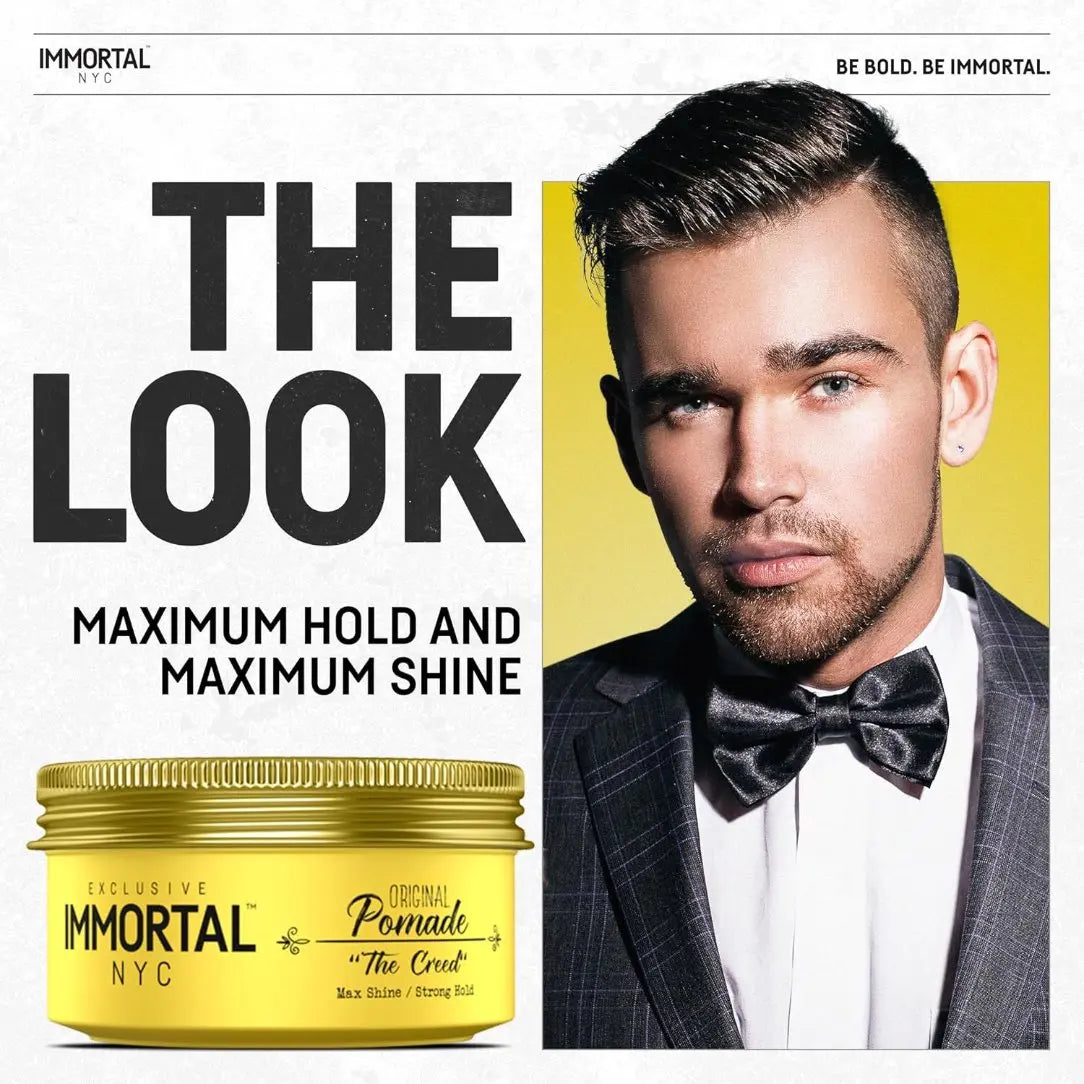 Advertisement for Immortal NYC pomade with a man in a suit and bow tie on a yellow background.