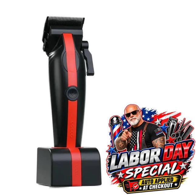 Black and red cordless clipper with a matching charging stand, shown on a white background with a colorful 'Labor Day Special' promotional badge in the lower right corner.