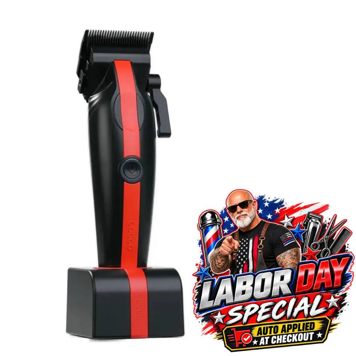 Black and red cordless clipper with a matching charging stand, shown on a white background with a colorful 'Labor Day Special' promotional badge in the lower right corner.