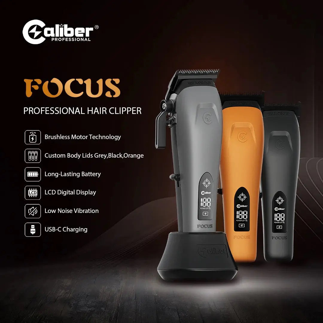 Caliber Focus Hair Clipper | Brushless 7 500 RPM, LCD, 8 Guards - BUYBARBER.COM