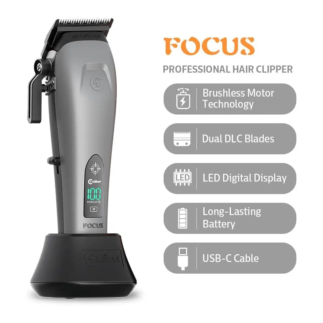 Caliber Focus Hair Clipper | Brushless 7 500 RPM, LCD, 8 Guards - BUYBARBER.COM