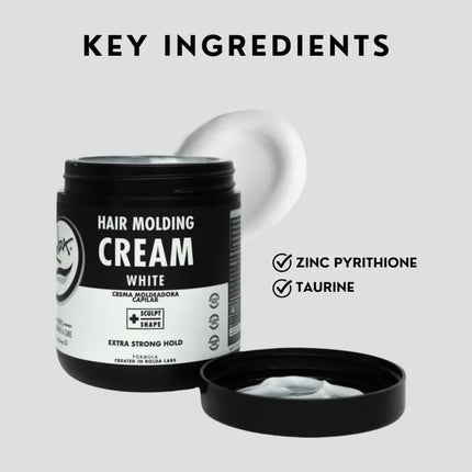 Hair molding cream jar with key ingredients listed on a light gray background