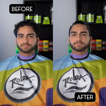 Before and after comparison of a person wearing a colorful Rola cape in a salon setting.