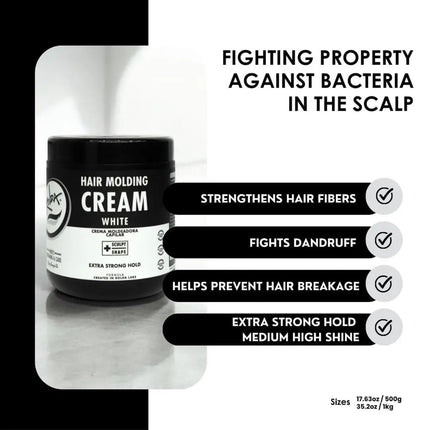 Hair molding cream jar with text highlighting its properties on a black and white background