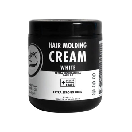 A black plastic jar of Sculpt Shape Hair Molding Cream in White, featuring a black and white label with product details.