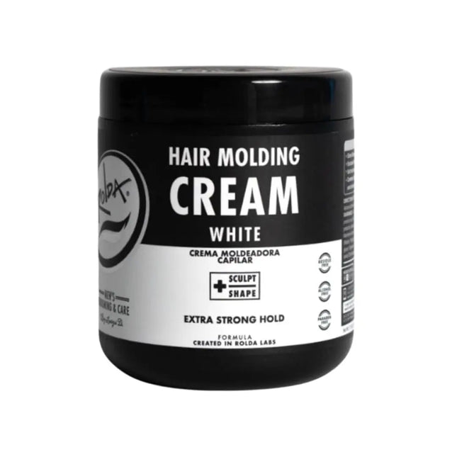 A black plastic jar of Sculpt Shape Hair Molding Cream in White, featuring a black and white label with product details.