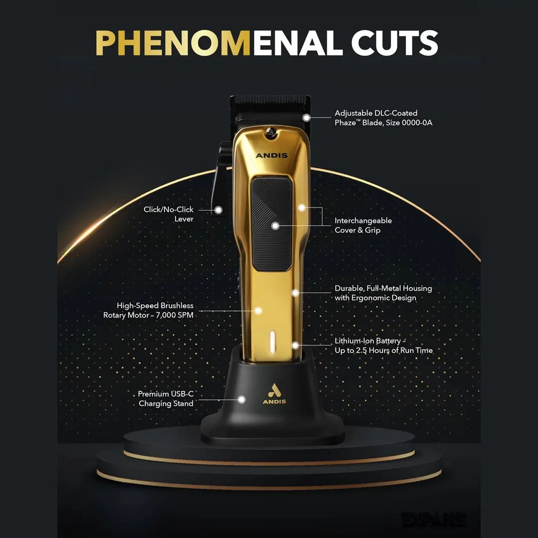 Andis 562060 Phenom Professional Cord/Cordless Hair Clipper, Gold - BUYBARBER.COM