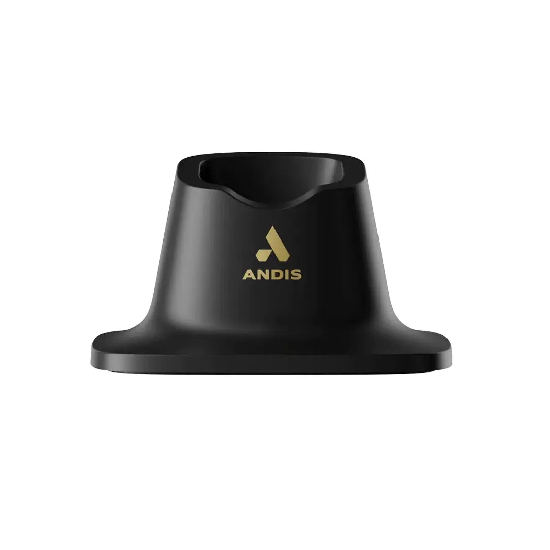 Black hair clipper stand with Andis logo on a white background