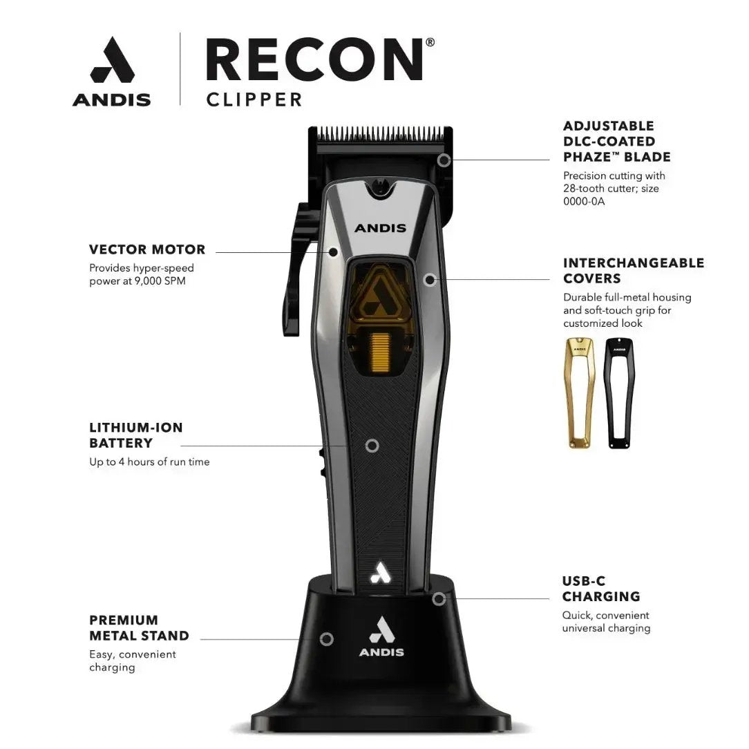 Andis Recon Clipper with features listed on a white background