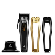 Set of Andis hair clippers and attachments on a white background