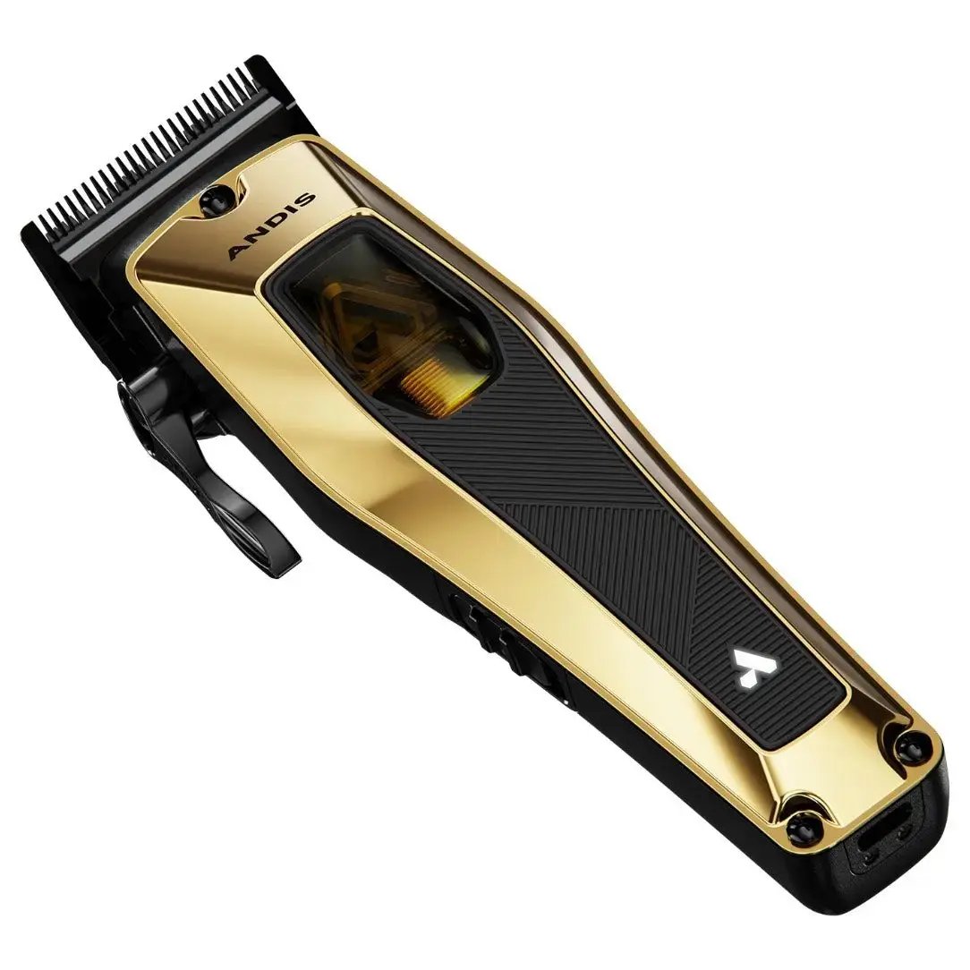 Gold and black Andis hair clipper on a white background