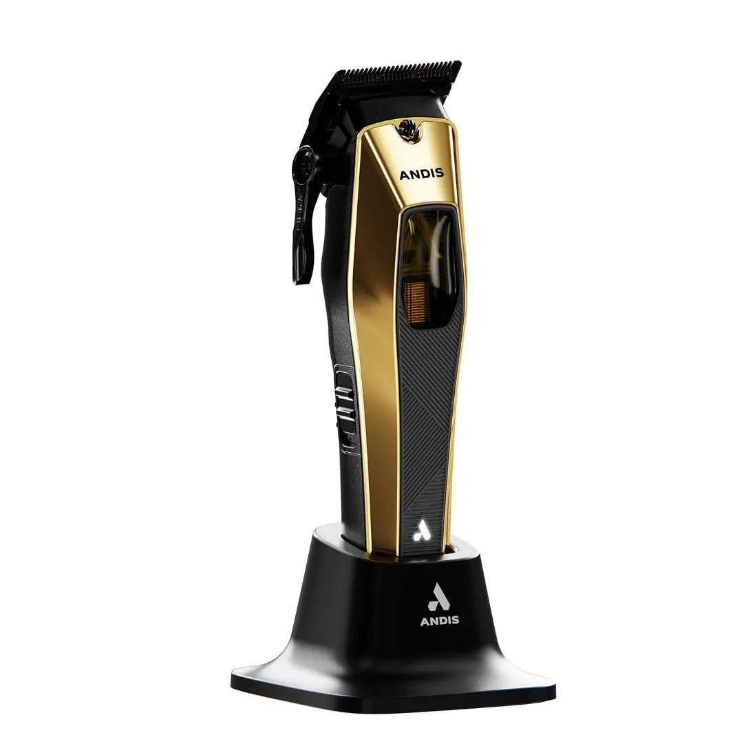 Gold and black Andis hair clipper on a white background