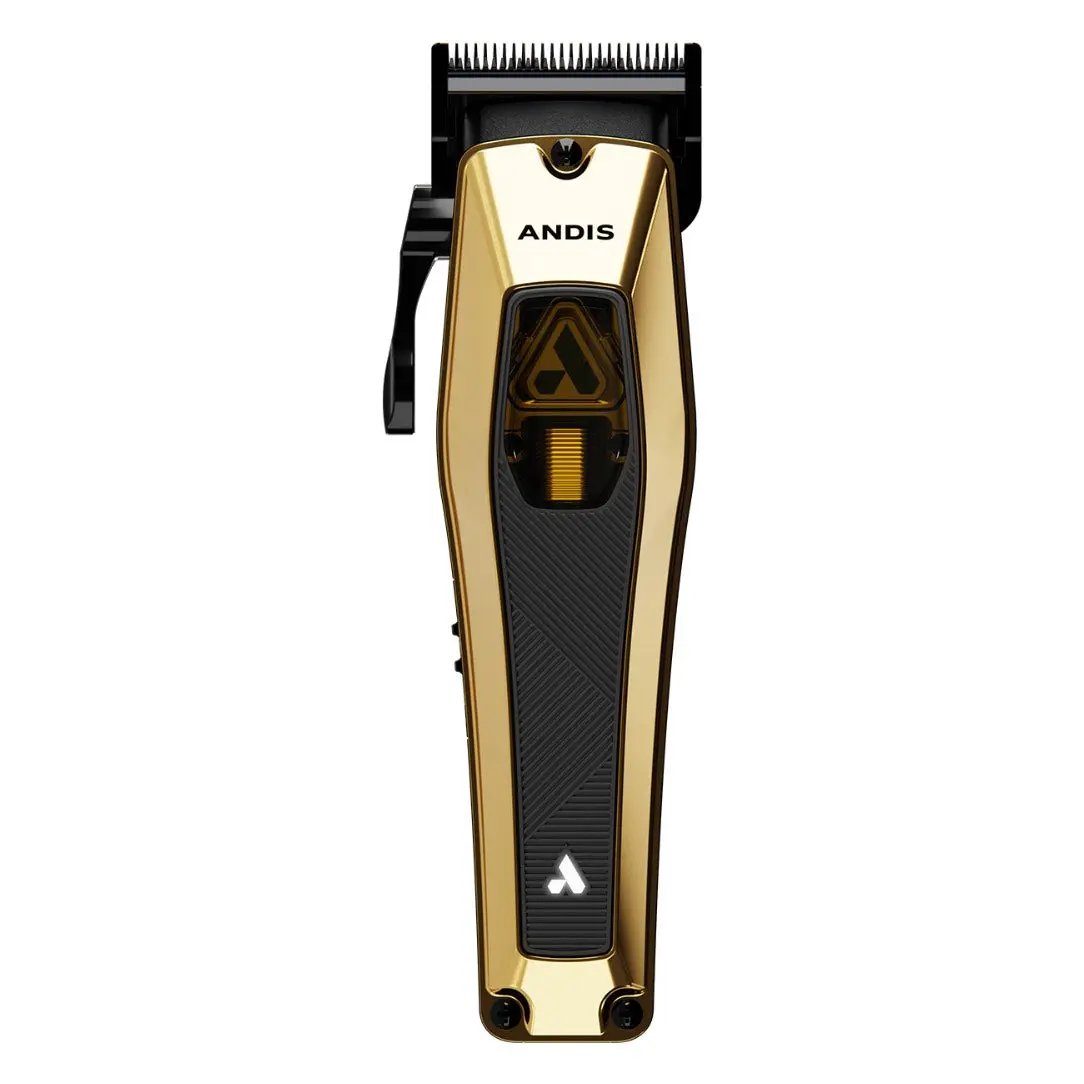 Gold and black Andis hair clipper on a white background