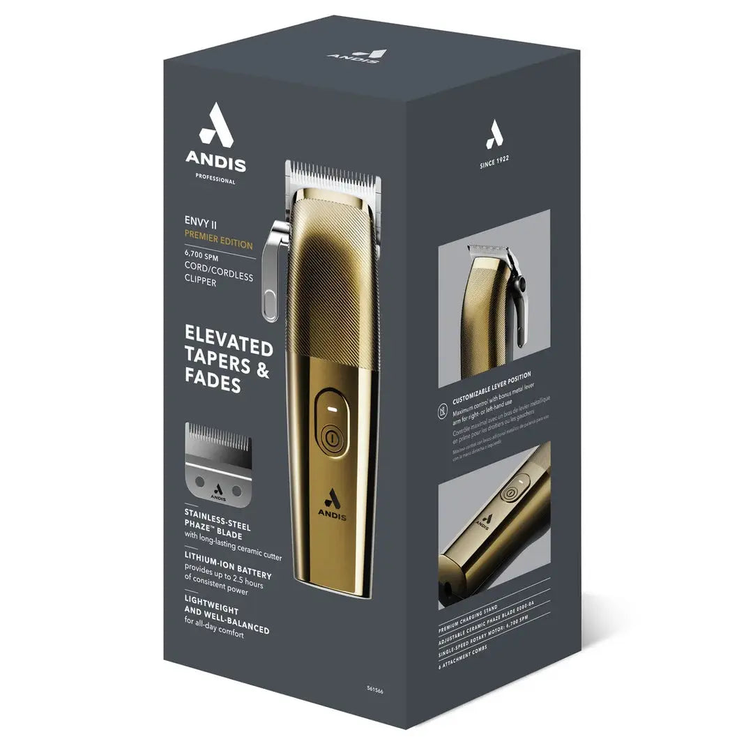 Andis Envy II Premier Clipper - Gold | Charging Stand | Phaze Blade- Lowest Price in Cart - BUYBARBER.COM