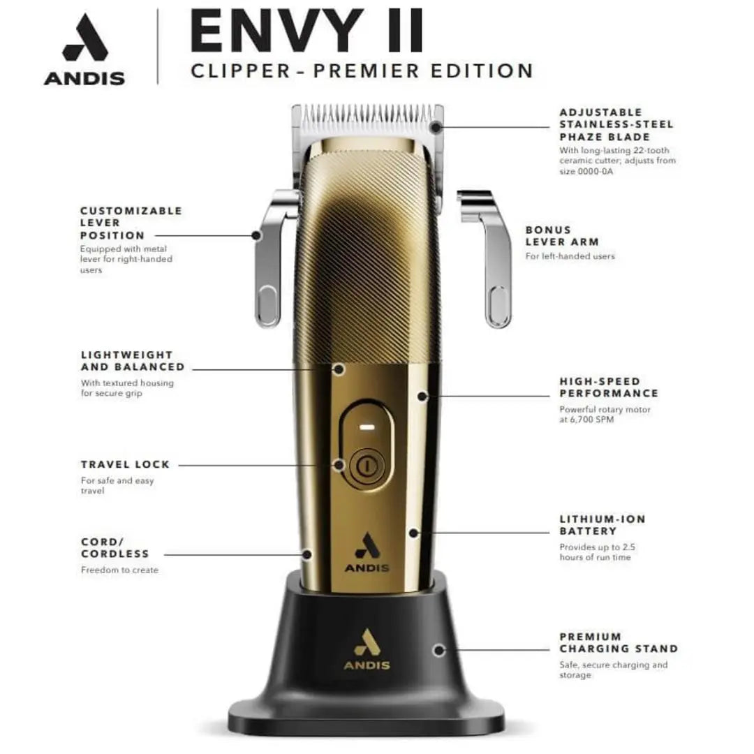 Andis Envy II Premier Clipper - Gold | Charging Stand | Phaze Blade- Lowest Price in Cart - BUYBARBER.COM