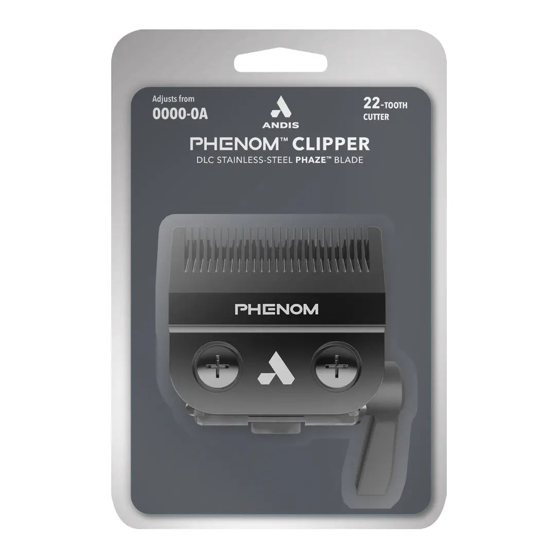 “Close-up of DLC-coated 22-tooth Phaze Blade for Andis PHENOM clipper.”