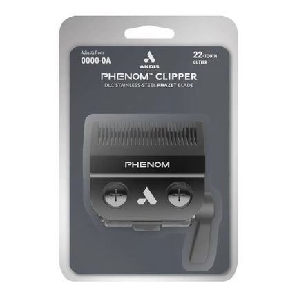 “Close-up of DLC-coated 22-tooth Phaze Blade for Andis PHENOM clipper.”