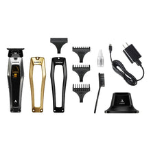 Set of Andis grooming Recon  trimmer tools including a trimmer, attachments, and charging cable on a white background.