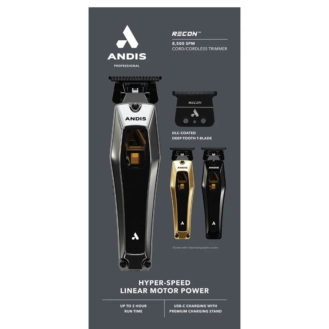 Andis Recon  professional hair trimmer packaging with product and features listed.